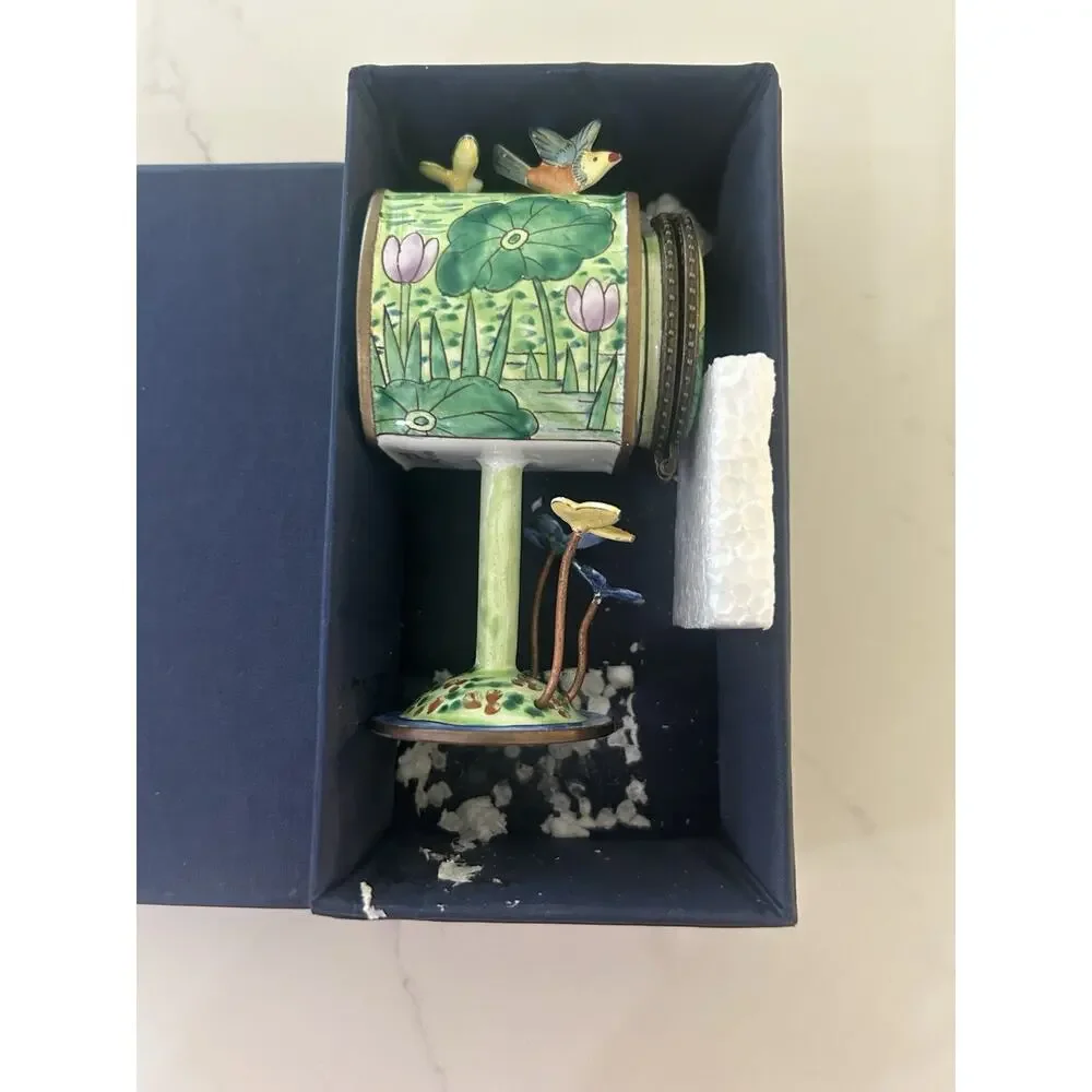 Vtg 2001 Kelvin Chen Box Frog Stamps Mailbox Lilly Pad Bird Bee Trinket Box Slot